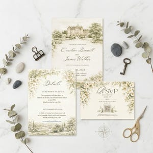 Pu&ograve; includere: Invito di nozze con un'illustrazione vintage di un castello e giardino. Il set include un invito, una scheda dettagli e una scheda RSVP. Il testo dell'invito recita "Caroline Bennett and James Walker". Elementi decorativi includono fiori e una bussola.