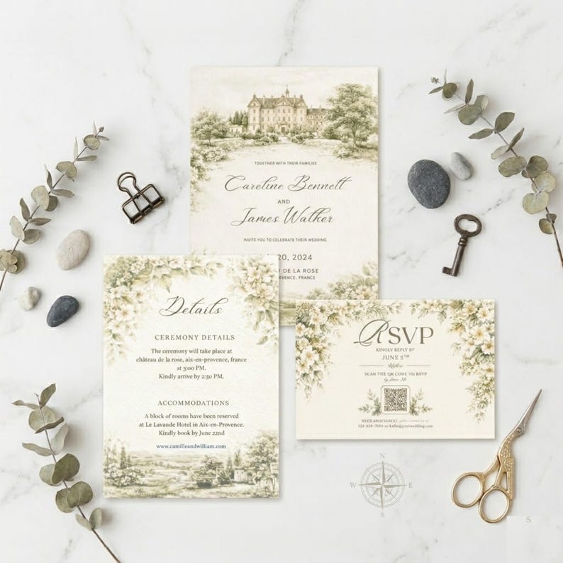 Pu&ograve; includere: Invito di nozze con un'illustrazione vintage di un castello e giardino. Il set include un invito, una scheda dettagli e una scheda RSVP. Il testo dell'invito recita "Caroline Bennett and James Walker". Elementi decorativi includono fiori e una bussola.