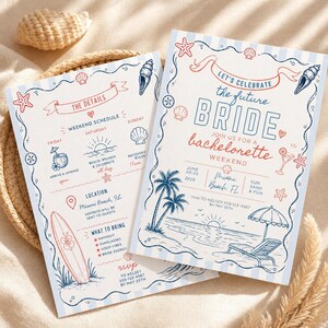 Könnte beinhalten: Zwei Einladungen zur Bachelorette-Party am Strand. Die Einladungen zeigen einen blau-weiß gestreiften Hintergrund mit roten und blauen Illustrationen von Muscheln, Palmen und einem Surfbrett. Der Text enthält "Lasst uns die zukünftige Braut feiern" und Eventdetails.
