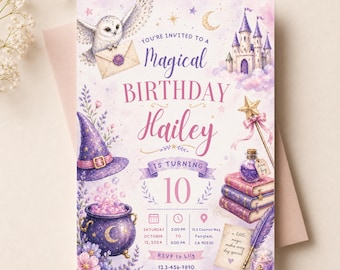 Wizards Witches Birthday Invitation Purple Pink, Magic School Party Invite, Sorcery Theme, Girls Magical Birthday, Editable Canva Template