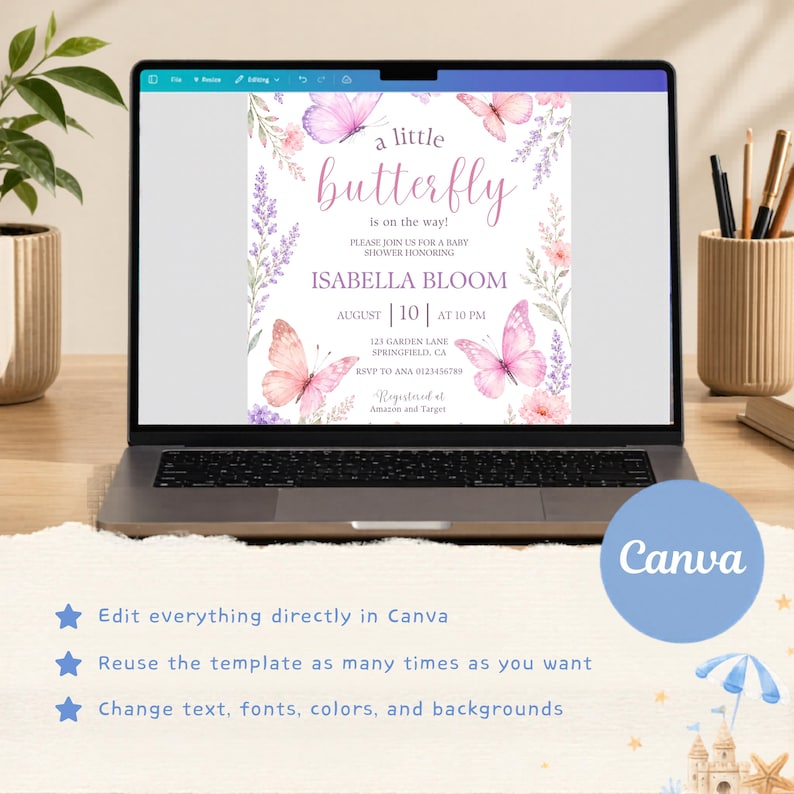 May include: A digital baby shower invitation template displayed on a laptop screen, featuring pink and purple butterfly illustrations, floral accents, and the text: a little butterfly is on the way! Please join us for a baby shower honoring Isabella Bloom.