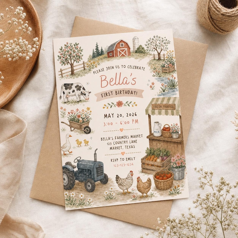 May include: A rectangular invitation card featuring watercolor farm illustrations including a red barn, a cow, a blue tractor, chickens, and a produce stand. The text reads: Please join us to celebrate Bella's first birthday, May 20, 2026, 3:00-6:00 PM.