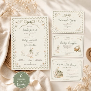 Könnte beinhalten: Ein Set Babyparty-Papeterie mit einem skurrilen Gänsemotiv. Die Einladung, die Dankes-, Raffle- und Buchkarten zeigen florale Bordüren, Schleifen und Illustrationen einer Gans. Die Einladung lautet "A new little goose is on the way!" und enthält den Text "Editable in Canva."