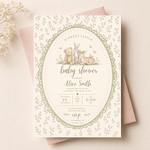 Coquette Baby Shower Invitation Template, Vintage Teddy Bear Bunny Deer Invite, Neutral Baby Shower Invite, Editable Canva Template