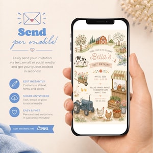 May include: A digital invitation template for a first birthday party displayed on a smartphone screen. The design features watercolor illustrations of a farm, including a red barn, a cow, a blue tractor, chickens, and a produce stand with text.