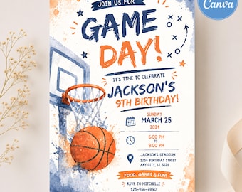 Può includere: Un invito di compleanno a tema basket con un'illustrazione ad acquerello di un canestro e una palla. Il testo include JOIN US FOR GAME DAY, JACKSON'S 9TH BIRTHDAY, MARCH 25 2024, 5:00 PM TO 8:00 PM, JACKSON'S STADIUM, 1234 BIRTHDAY STREET, ANY CITY, ST 5678.