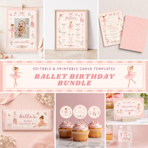 Könnte beinhalten: Ein Geburtstags-Set zum Thema Ballett mit rosa-weißen Vorlagen, verziert mit Ballerinas, Ballettschuhen und Blumenmotiven. Enthält Meilensteintafeln, Einladungen, Schokoladenverpackungen, Cupcake-Topper und Etiketten für Partyartikel.