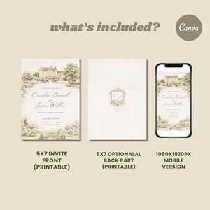 Pu&ograve; includere: Un set di inviti di nozze dall'estetica vintage. Il design include un fronte invito 5x7, una parte posteriore opzionale 5x7 e una versione mobile. L'invito presenta un'illustrazione panoramica di un castello e i nomi Caroline Bennett e James Walker.