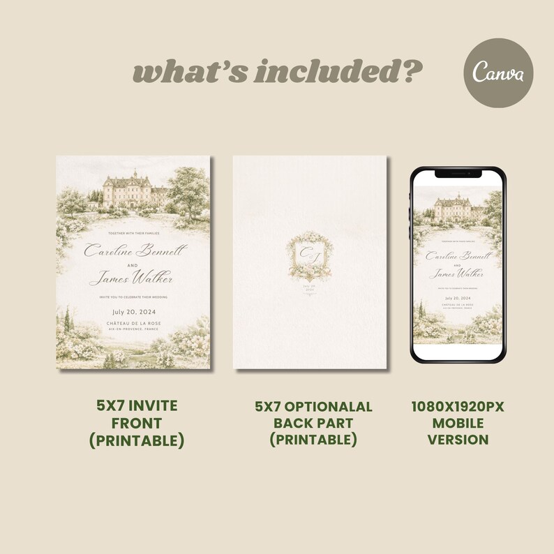 Pu&ograve; includere: Un set di inviti di nozze dall'estetica vintage. Il design include un fronte invito 5x7, una parte posteriore opzionale 5x7 e una versione mobile. L'invito presenta un'illustrazione panoramica di un castello e i nomi Caroline Bennett e James Walker.