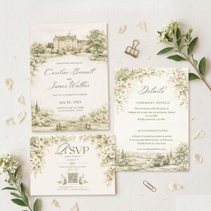 Pu&ograve; includere: Invito di nozze con un design paesaggistico con un castello. L'invito include i nomi Caroline Bennett e James Walker, la data 20 luglio 2024 e i dettagli RSVP. Il set &egrave; decorato con elementi floreali.