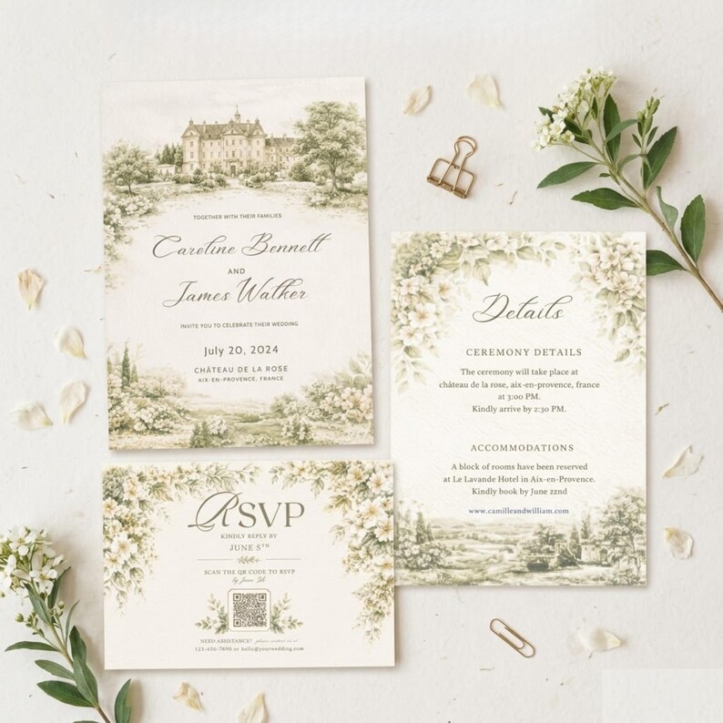 Pu&ograve; includere: Invito di nozze con un design paesaggistico con un castello. L'invito include i nomi Caroline Bennett e James Walker, la data 20 luglio 2024 e i dettagli RSVP. Il set &egrave; decorato con elementi floreali.