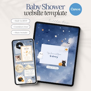 Könnte beinhalten: Eine digitale Babyparty-Website-Vorlage für Canva mit einem dunkelblauen Nachthimmel-Hintergrund, Sternen, einem Geist und einer schwarzen Katze. Das Display zeigt einen Umschlag mit dem Text You have mail from Sidney und einen Button CLICK TO OPEN.