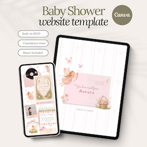 Könnte beinhalten: Eine digitale Babyparty-Website-Vorlage für Canva, dargestellt auf einem Tablet und Smartphone. Das Design zeigt ein rosa Feen-Thema mit Illustrationen von Feen, Schmetterlingen und Blumen. Der Text umfasst "Baby Shower website template", "Built-in RSVP", "Countdown timer", "Music Included" und "You have mail from Aurora".