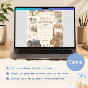 May include: A laptop screen displaying a digital invitation template for a first birthday party with a farm theme. The design features illustrations of a cow, tractor, chickens, and a produce stand with text including Bella's First Birthday.