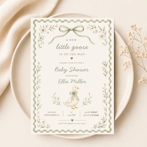 Green Silly Goose Baby Shower Invitation Template, A New Silly Goose is about to be on the loose, Baby Shower Invite, Digital Invitation