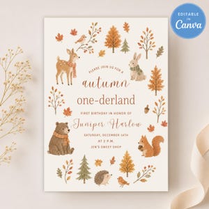 Könnte beinhalten: Eine Einladungskarte mit Aquarellillustrationen von einem Reh, Hasen, Bären, Eichhörnchen und Igel, umgeben von Herbstblättern und Bäumen. Der Text lautet: Please join us for a autumn one-derland, first birthday in honor of Juniper Harlow, Saturday, December 14th at 2 P.M., Jen's Sweet Shop.
