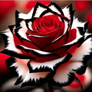 Peut inclure: Gros plan sur une rose aux couleurs vives. Les pétales centraux sont rouge foncé, passant au blanc avec des bordures noires. L'arrière-plan flou présente des nuances de rouge, mettant en valeur la rose.