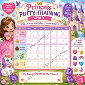 Princess Potty Training  Chart Printable | Toddler Toilet Training Tracker | Kids Bathroom Routine | Instant Download | Preschool Printable
