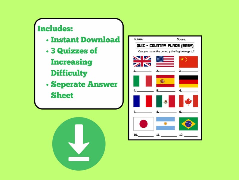 World Flags Quiz, Geography Game, Printable Activity (PDF Download) - Etsy