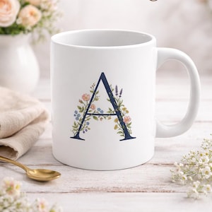 Floral Initial Mug, Personalised Letter Mug, Custom Name Mug, Botanical Monogram Cup, Gift for Her, Birthday Gift, Bridesmaid Mug