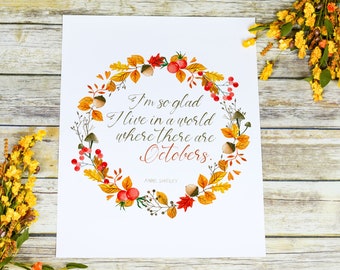 Anne Shirley “Octobers….” Quote with Autumn Watercolor Art PDF