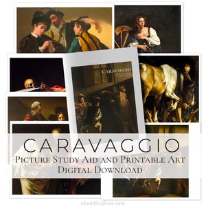 Puede incluir: Una descarga digital de arte imprimible y una ayuda para el estudio de imágenes con las obras de Caravaggio. Las imágenes incluyen una pintura de un hombre con una calavera, un grupo de hombres jugando a las cartas, una mujer sosteniendo una rueca, un caballo que está siendo examinado y un hombre sosteniendo un cuchillo.