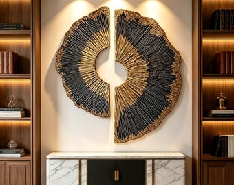 Large Wood Wall Art, 3D Gold Black Wood Sculpture, Abstract Round Wall Decor, Wabi Sabi Textured Artwork, Luxury Modern Wall Art
