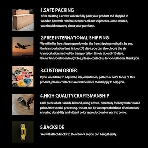 May include: Image with text detailing product features. Includes information on safe packing in a wooden box, free international shipping, custom order options, high-quality craftsmanship with waterproof paint, and hooks for easy hanging.