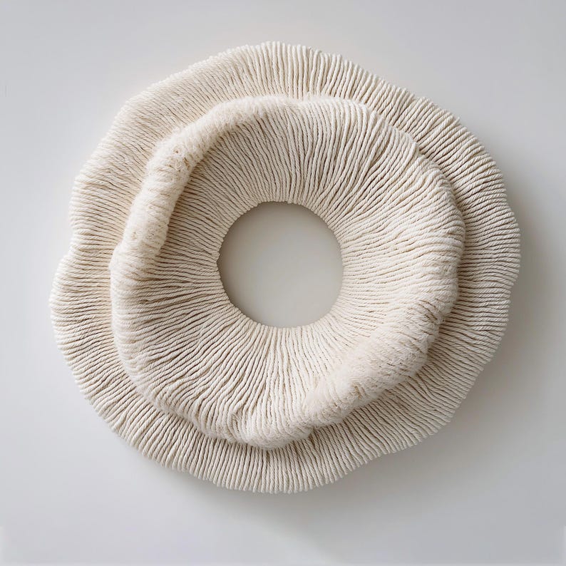 May include: A cream-colored, circular wall art piece with a textured, ridged surface. The design features two overlapping rings, creating a layered effect with a central opening. The piece has a natural, organic aesthetic.
