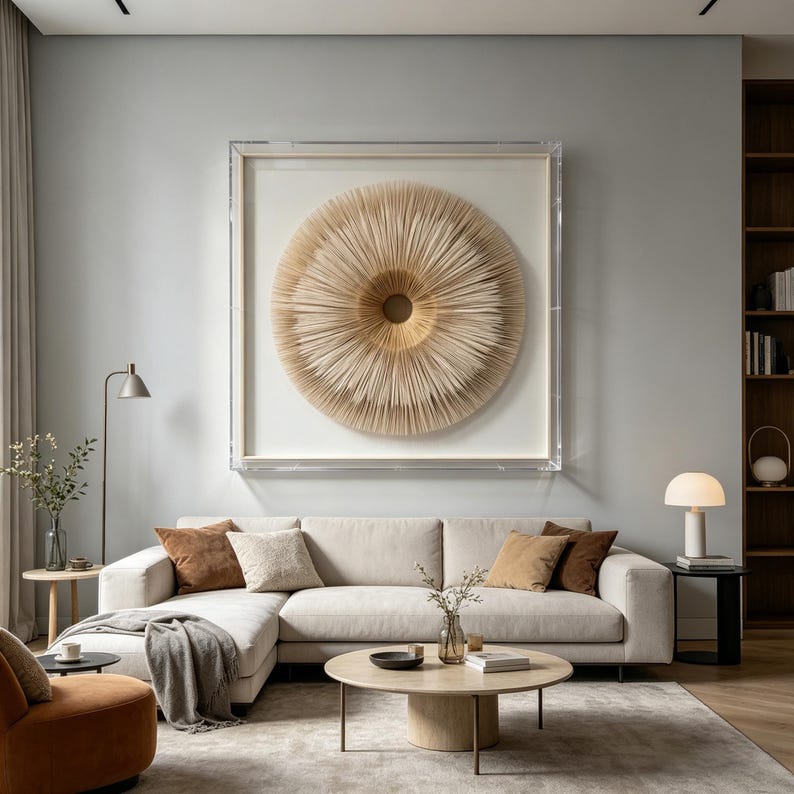 May include: A modern living room with a light gray wall and a large, framed circular art piece in shades of beige and tan. A cream-colored sectional sofa is adorned with brown and beige pillows. A round coffee table and a side table with a lamp complete the scene.