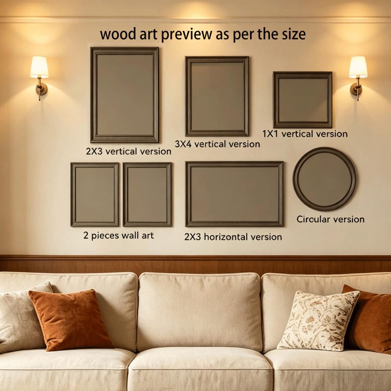 May include: A display of framed art in various sizes and shapes, including rectangular and circular options. The frames are dark brown, and the art is displayed against a neutral wall. Text above the frames reads "wood art preview as per the size".