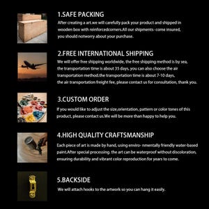 May include: Image with text detailing product features. Includes information on safe packing in a wooden box, free international shipping, custom order options, high-quality craftsmanship with waterproof paint, and hooks for easy hanging.