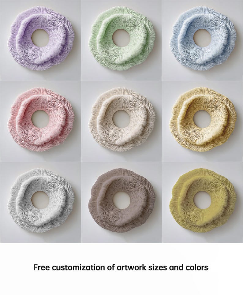 May include: Nine circular, textured wall art pieces in various pastel colors, including lavender, green, and pink. Each piece has a central hole and a layered, organic design. The image includes the text: "Free customization of artwork sizes and colors."