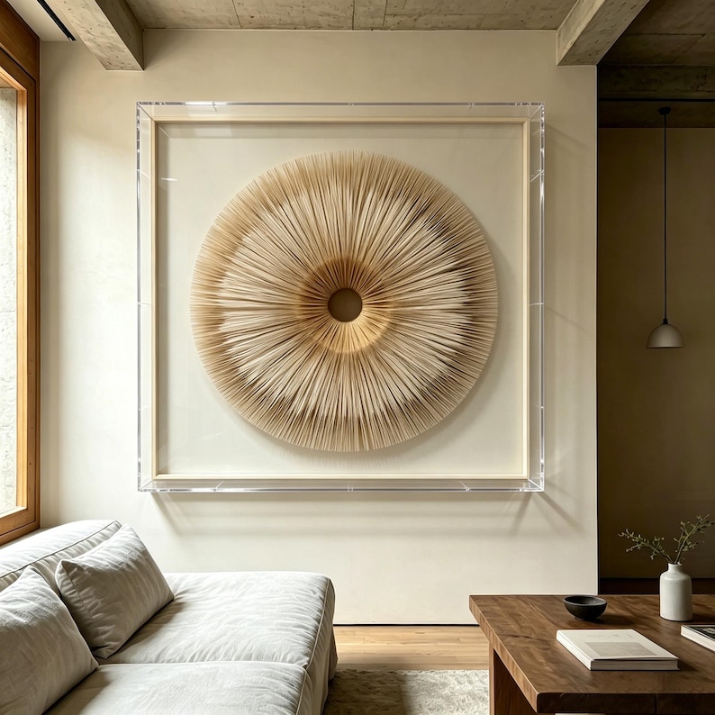 May include: A large, circular wall art piece with a layered, radial design. The artwork is framed in a clear acrylic box, showcasing a textured, beige and tan color palette. The piece hangs above a light-colored sofa and wooden coffee table.