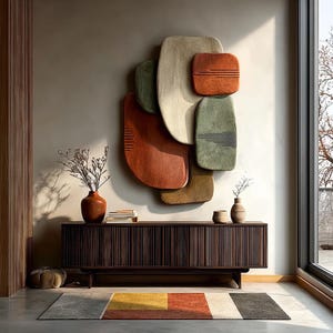 May include: A modern living room scene featuring a dark wood cabinet with vertical grooves, topped with vases and decor. Above, abstract wall art in shades of beige, orange, and green. A colorful rug and large window complete the space.