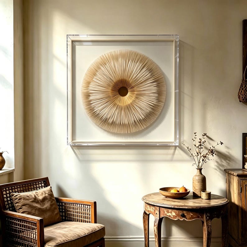May include: A framed, circular wall art piece with a layered, textured design in shades of beige and gold. The artwork is encased in a clear acrylic frame, creating a modern and elegant aesthetic. The piece is displayed in a room with a vintage chair and table.