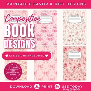 Può includere: Una collezione digitale di copertine per quaderni stampabili con dodici design distinti. I motivi includono fiocchi rosa, ciliegie, farfalle, fragole e rose. Ogni copertina presenta un'etichetta bianca con il testo COMPOSITION BOOK.