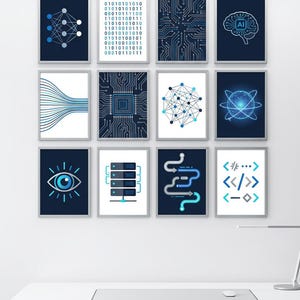 Cyber Technology Wall Art Set, AI Coding Decor, MDF Wood Prints (15x20cm)