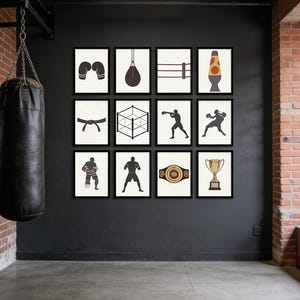 May include: A series of framed art prints with a boxing theme. The prints depict silhouettes of boxing gloves, a punch bag, a boxing ring, a lava lamp, a karate belt, a boxing ring, a boxer, a boxer, a boxer, a boxer, a championship belt, and a trophy.