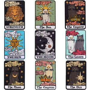 Parches termoadhesivos de tarot de gatos, conjunto de bordado místico celestial