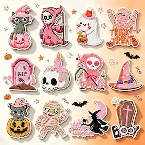 May include: A collection of twelve embroidered Halloween-themed patches featuring a black cat on a pumpkin, a pink grim reaper, a ghost with a candy bucket, a mummy with the text TRICK OR TREAT, a tombstone with RIP, a skull candle, a pink reaper, a witch hat, a cat on a pumpkin, a mummy, a witch silhouette with HAPPY HALLOWEEN text, and a coffin with the text BOO.