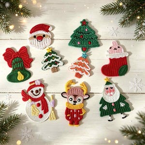 Christmas Sew‑On Patches Set,Embroidery Applique, No Iron on, Santa, Snowman, Christmas Tree, Reindeer, Bell