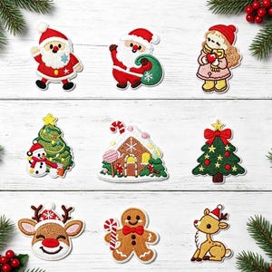 May include: A set of nine embroidered Christmas-themed patches featuring Santa Claus, a child in winter clothing, a snowman with a tree, a gingerbread house, a decorated pine tree, a reindeer face, a gingerbread person, and a small deer.