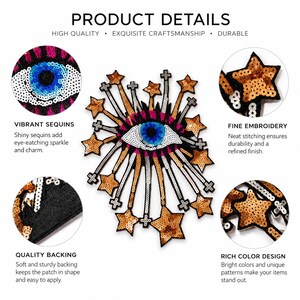 K&ouml;nnte beinhalten: Ein dekorativer Aufn&auml;her mit einem zentralen blau-wei&szlig;en Augenmotiv, umgeben von strahlenden goldenen Paillettensternen und schwarzen Sticklinien. Das Design enth&auml;lt die Texte: PRODUCT DETAILS, VIBRANT SEQUINS, FINE EMBROIDERY, QUALITY BACKING und RICH COLOR DESIGN.