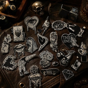 Black Tattoo Iron On Patches, Vintage Grunge Embroidery Set