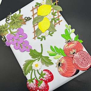 Puede incluir: Parches de frutas bordadas con uvas, limones, cerezas y granadas. Los parches incluyen costuras detalladas y colores vibrantes, con hojas verdes y flores blancas. Los limones están sobre un enrejado marrón.