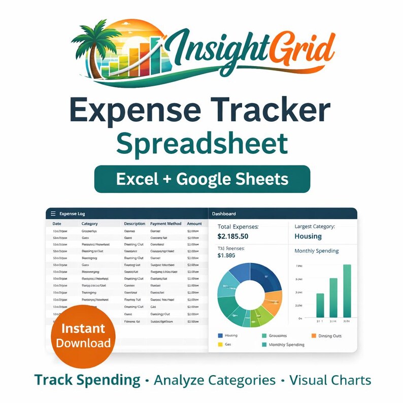 Visual Spending Chart Expense Tracker Spreadsheet | Excel, Google Sheets Budget Log (digital ...