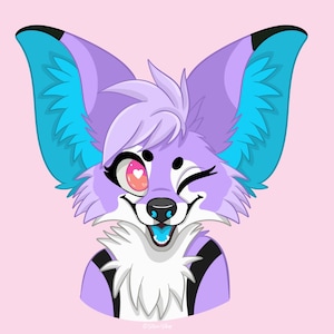 Puede incluir: Una ilustración digital de una criatura antropomórfica estilizada con orejas grandes y puntiagudas de pelaje morado claro y azul brillante. El personaje tiene el pecho blanco, un ojo guiñando y un ojo con iris rosa y un corazón blanco.