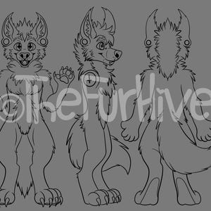 May include: A black and white digital line art character reference sheet featuring a furry creature in front, side, and back views. The character has pointed ears, a fluffy chest, and a tail. The text TheFurHive is overlaid across the center.