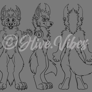 May include: A black and white line art character reference sheet featuring a furry creature in three views: front, side, and back. The creature has pointed ears, a fluffy chest, and a tail. The text Hive.Vibes is overlaid across the center of the image.